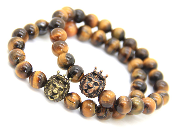 2016 New Design Men's Bracelets Wholesale 8mm Natural Tiger Eye Stone Beads with Crown Lion Head Bracelets, Party GiftBracelets