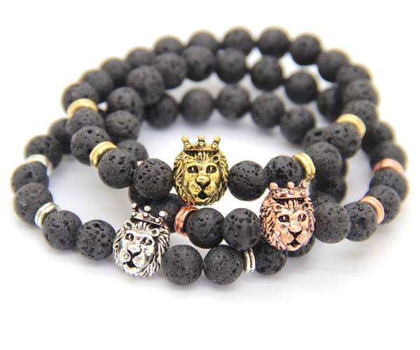 2016 Hot Sale Men Gift Jewelry High Quality 8mm Lava Stone with Antique Silver&Gold Crown Lion Head Bracelets, Wholesale