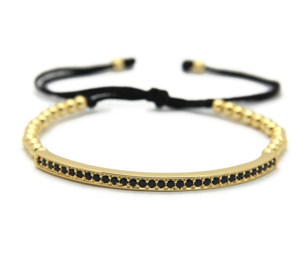 Top Quality Men & Women Jewelry, 4mm High Grade Bronze Beads Cubic Zirconia Curved Long Tube Bar Braided Macrame Bracelets