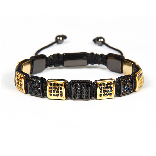 New Mens Jewelry Wholesale 10pcs/lot Gold And Black Micro Paved Black Cz Flatbead Square Bracelet For Cool Men