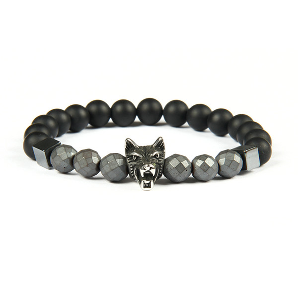 New Men's Bracelet Wholesale 10pcs/lot Antique Silver Stainless Steel Wolf With 8mm Stone Beads Beaded Bracelets For Gift