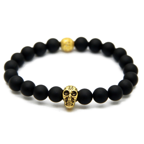 New Design Yoga Jewelry Wholesale Top Quality 8mm Black Matte Agate Stone Bead with Antique Silver and Gold Skull Bracelets for Men