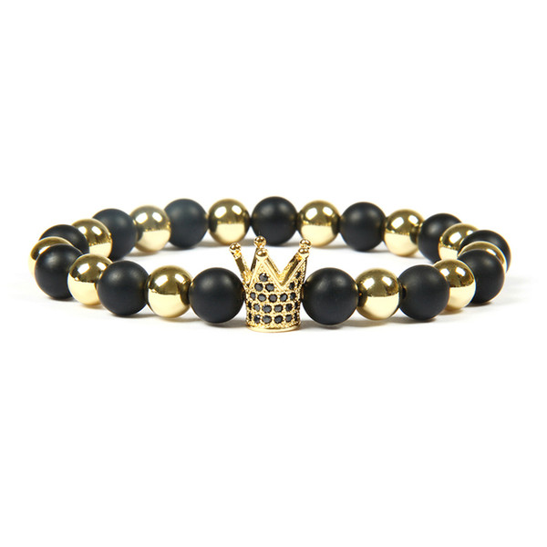 Men's Jewelry Wholesale 8mm Top Quality Matte Stone With Black Cz Crown & Stoppers Beaded Bracelets For Men's Gift