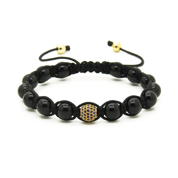 Wholesale 10pcs/lot Nautral Black Onyx Stone Beads with 9mm Blue Micro Paved Cz Braiding Macrame Mens Bracelet