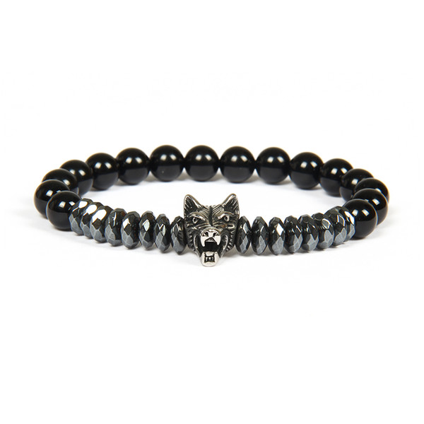 Brand New Men's Bracelet Wholesale 10pcs/lot Antique Silver Stainless Steel Wolf Beaded Bracelets With Black Onyx Stone For Gift