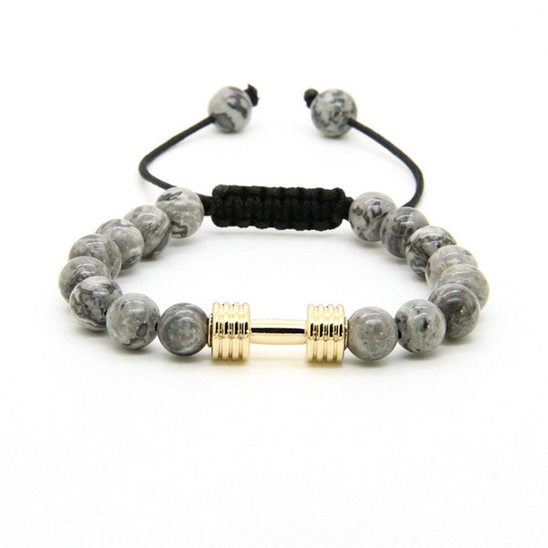 Sport Energy Bracelets Wholesale 8mm Grey Jasper Stone Beads With New Barbell Fitness Dumbbell Macrame Bracelets for Men