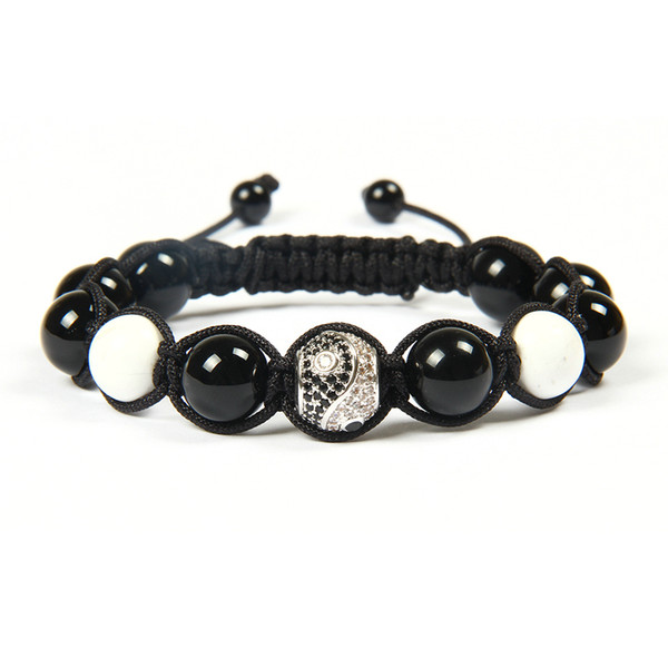 New Men's Bracelet Wholesale 10pcs/lot Yingyang Cz Beads With 10mm White Howlite & Black Onyx Stone Beads Distance Macrame Bracelet