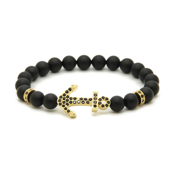 Powerful Men's Jewelry Wholesale 8mm Matte Agate & Stoppers Beads With Four Colors Big Anchor Black Cz Bracelets