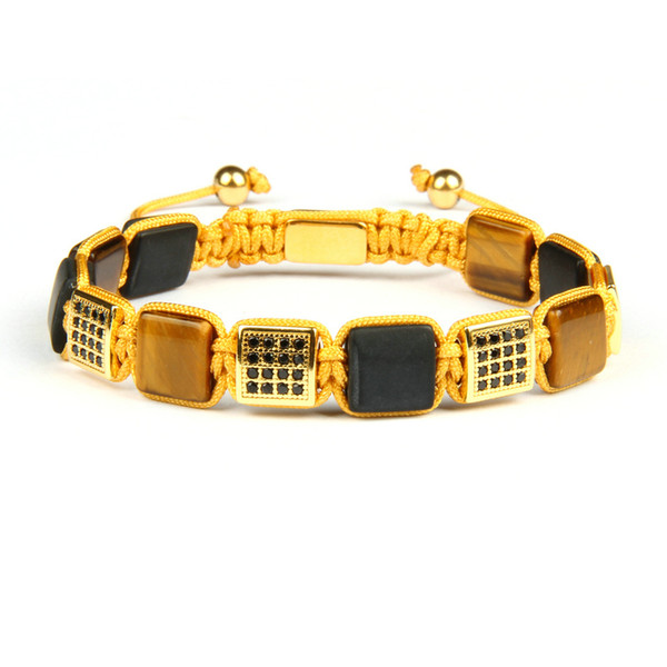 Wholesale Luxury Men Jewelry Black Cz Square Flat Bead With Natural Yellow Stone Beads Macrame Bracelets