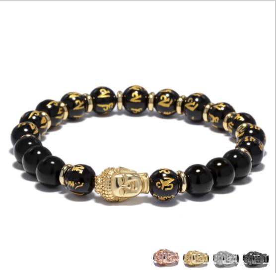 Copper plated Buddha head buddha beads pray bracelet Six-character mantra Sanskrit alloy bracelet