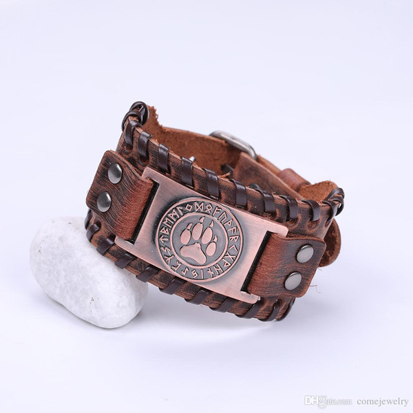 Lemegeton Wolf Claws Viking Bangle Nordic Runes Bear Paw Mens Wide Cuff Genuine Leather Bracelet Wiccan Braceletes Masculinos