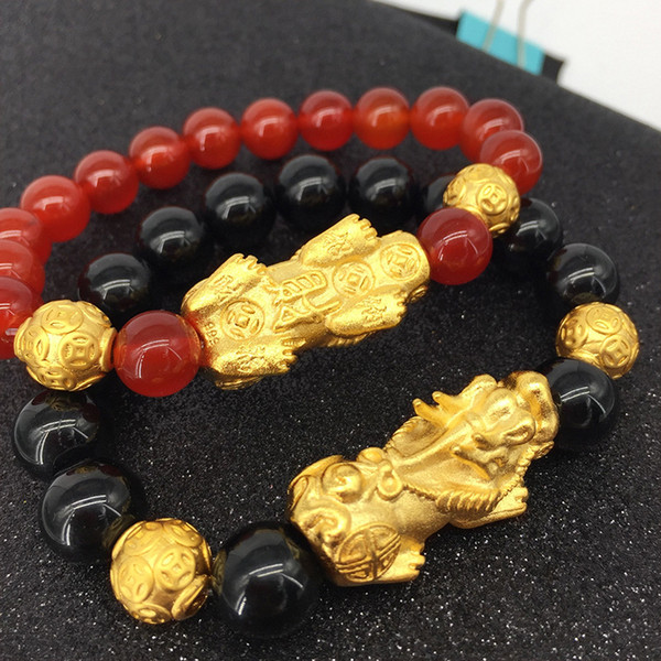 Feng Shui Genuine Red and black beads six-word mantra gold beads pixiu bracelet