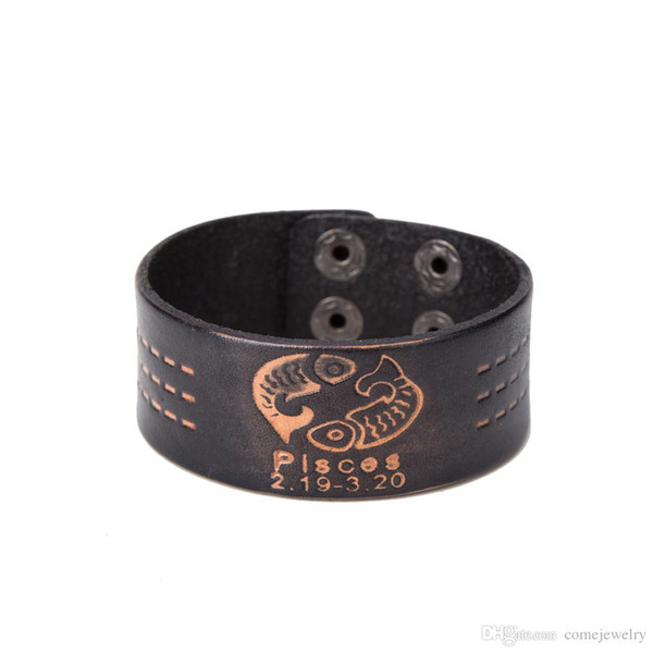 Pisces 12 Zodiac Signs Punk Wrap Constellations Adjustable fashion Leather Bracelets for man woman as festival and birthday gifts