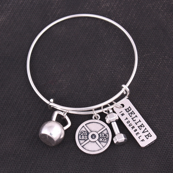 Fitness Weight Faith Belief Letters Lettering Believe In Yourself Dumbbell Barbell Kettle-Bell Pendant Expandable Wire Adjustable Bangle