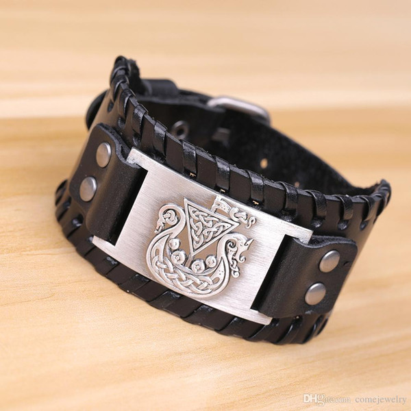 Wide Leather Brand Symbol Bracelets Viking Bangles Hidden Dragon Irish Knot Amulet Wide Braided Genuine Wide Leather Bracelet Men