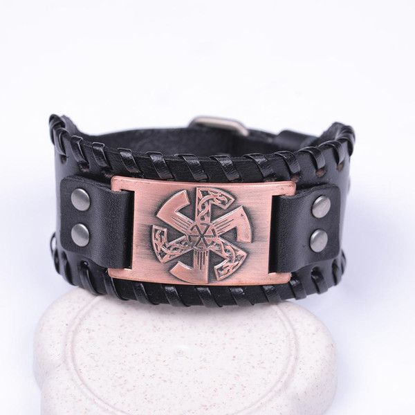 Fashion Slavic Kolovrat Amulet Wristband Talisman Bijouterie Slavic Genuine wide leather bracelet man's Jewelry best gifts