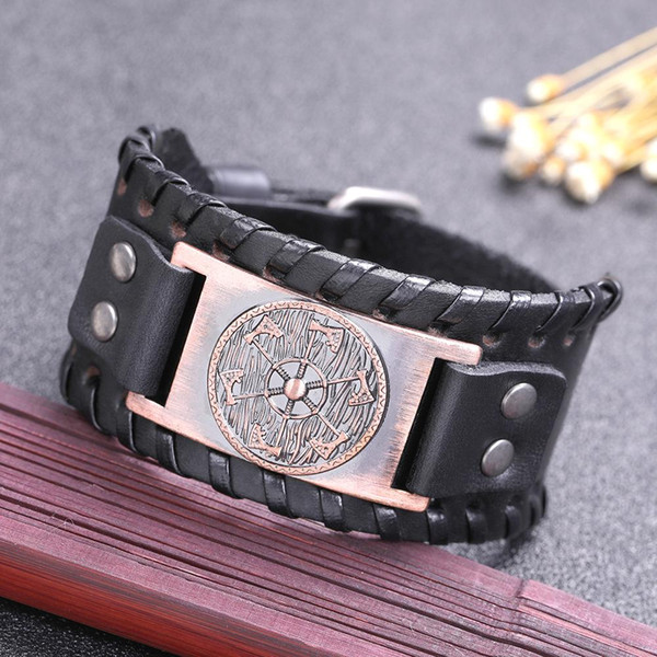 New Arrival Black Wide Leather Wristband Slavic Kolovrat Antique Silver/bronze/copper 6 Axes/ Amulet Charm Amulet Jewelry