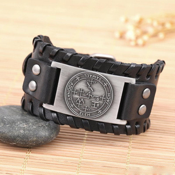 Wide Leather Runes Slavic Antique Silver Strap Sigil Punk Viking Wristband Cuff Leather Bracelet Amulet Jewelry