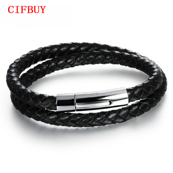 CIFBUY Double Layer Leather Bracelets Classical Handmade Leather Knitted + Stainless Steel Men Jewelry 20cm Long PH957