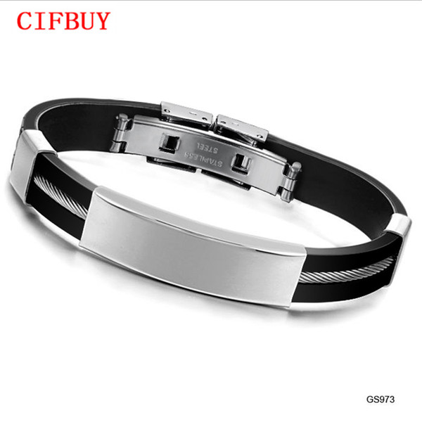 CIFBUYGifts Designer Black Genuine Silicone Wristband Men's Jewelry 316L Stainless Steel Men's Bracelet Rock Punk Style 973