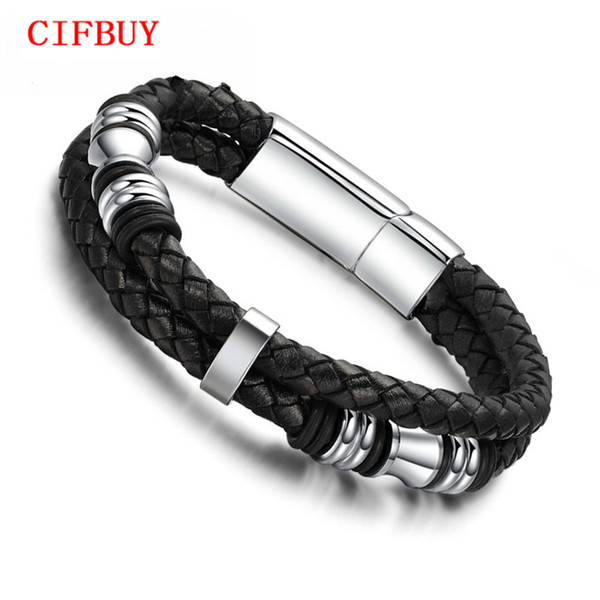 Brand Casual/Sporty Double Layer Genunie Leather Bracelets Bangles Fashion New 2016 Stainless Steel Magnet Jewelry For Men