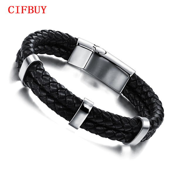 CIFBUY Brand Handmade Leather Weaved Black Punk Bracelets For Man Fashion New 2015 Stainless Steel Magnet Men Jewelry