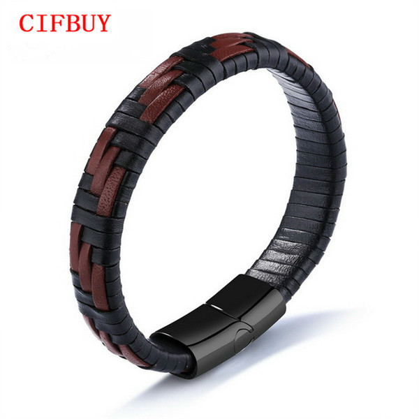 Handmade Braided Leather Bracelets For Cool Men Black & Brown Mixed Color Magnet Button Male Wrap Friendship Jewelry PH1143