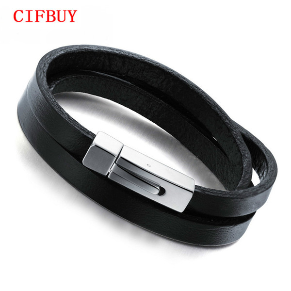 CIFBUY Brand Fashion New 2016 Three Layers Real Leather Bracelets Classical Full Steel Magnet Clasp Men Jewelry Low Price, PH908