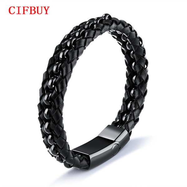 CIFBUY Fashion Braided Leather Bracelets For Men Double Layer Wrap Handmade Black Magnet Button Male Men's Jewelry PH1142