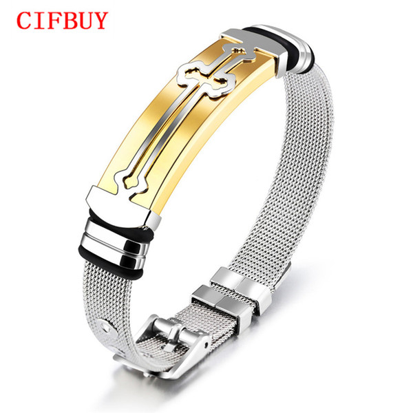 Classic Cross Bracelet For Men Black/ Gold Color Length 16.5-21 CM Mesh Strap Band Stainless Steel Male Wrap Bracelets GH876