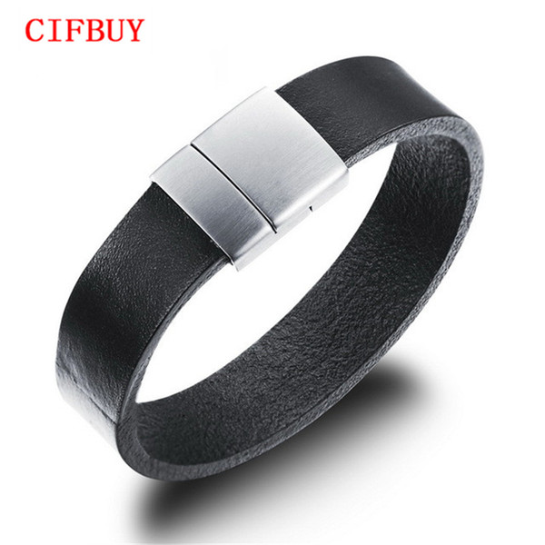 CIFBUY Cool Genuine Leather Bangles For Man Punk Stainless Steel Clasp 16MM Width Men Jewelry Pulseira Homens 940