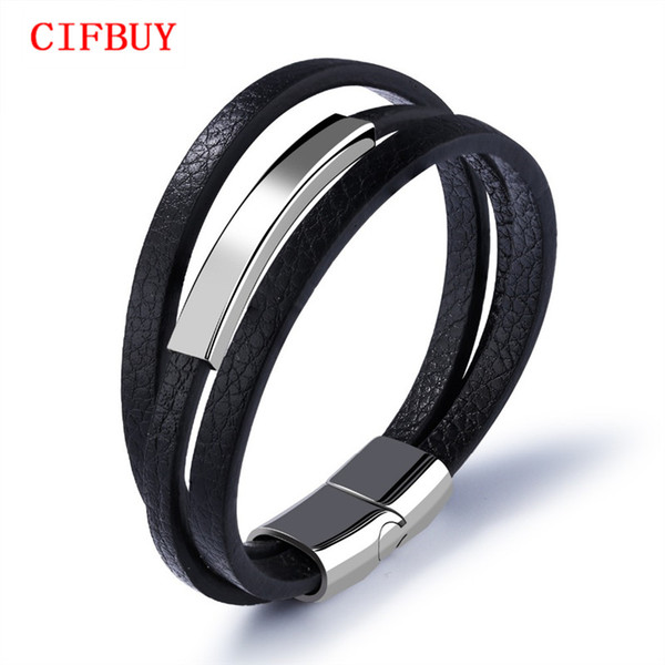 CIFBUY Casual There Layer Genuine Leather Man Bracelets Simple Design With Magnet Buckle Men Handmade Wrap Jewelry Gift PH1132