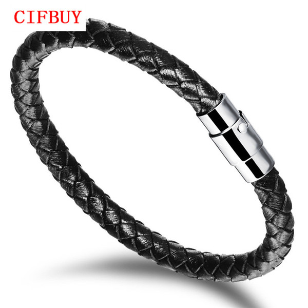 CIFBUY Black/Brown Leather Bracelets For Man Vintage Genuine Leather Knitted + Steel Clasp Men Jewelry 20cm Long PH956