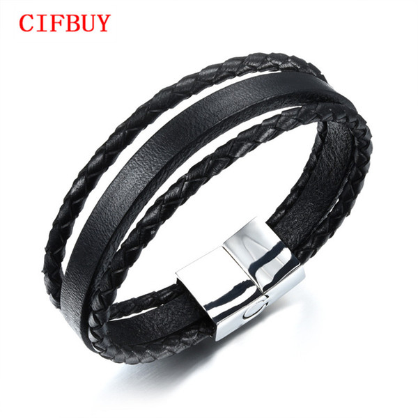 CIFBUY Multilayer Genuine Leather Rope Chain Man Bracelets Classical Simple Design Men Jewelry With Magnet Buckle PH1094