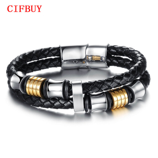 CIFBUY Classical Double Layer Handmade Leather Weaved Man Bracelets Fashion New Magnet Clasp Good Steel Wristband, PH887