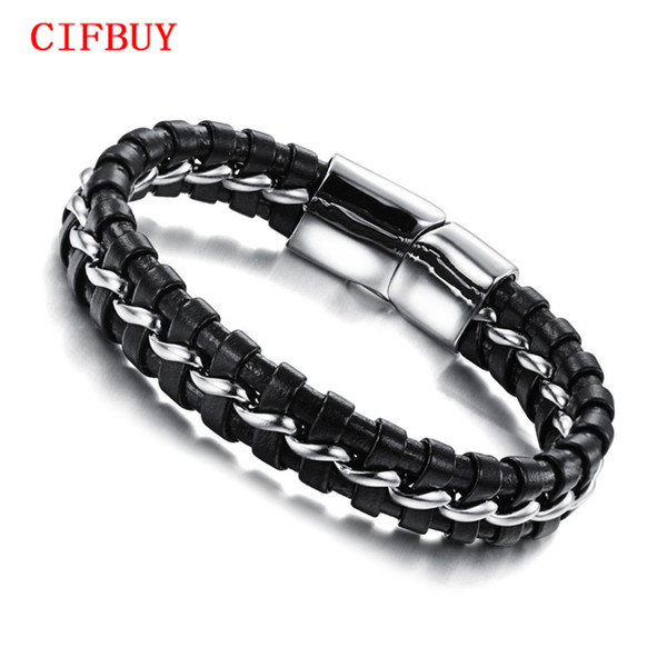 Fashion Handmade Genuine Leather Knitted Man Bracelets & Bangles Punk Style Stainless Steel Black/Silver Men Jewelry PH898