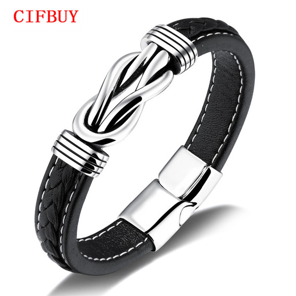 CIFBUY Unique Knot Shape Genuine Leather Men Bracelets White Stitch Line Design Magnet Buckle Male Wrap Party Gift PH1151