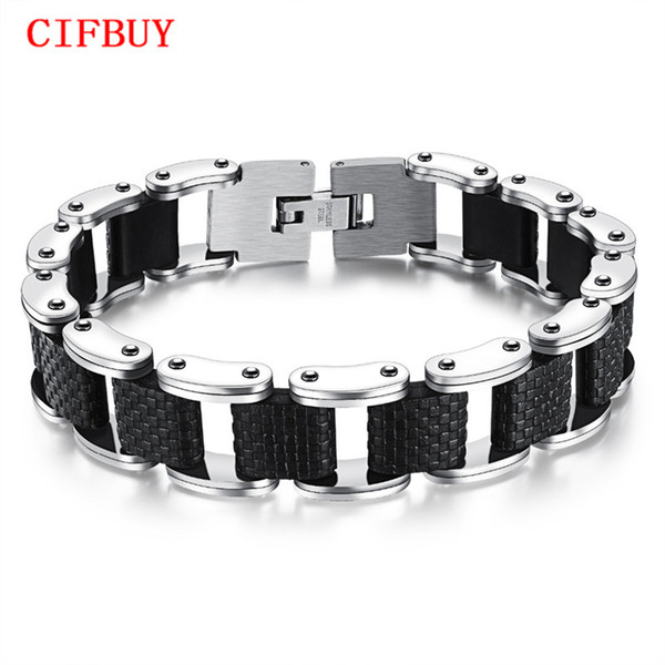 Square Genuine Sillcone Mens Bracelet Stainless Steel Motorcycle Biker Chain Design Casual Style Double Safety Claspes GS832