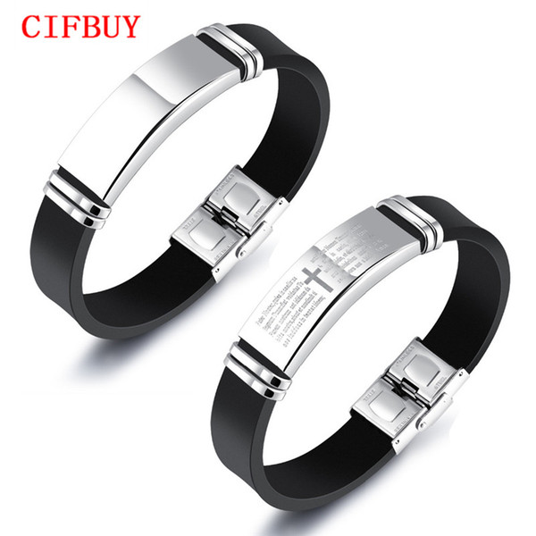 CIFBUY Brand Classic Cross & Bible Men's Silicone Bracelets Length Adjustable Stainless Steel Male Jewelry Wristband Gift PH1158