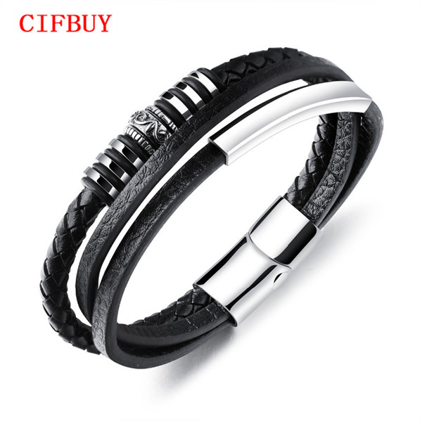 CIFBUY Multilayer PU Leather Bracelets For Men Magnet Buckle 20CM Long Cool Man Male Hamdmade Braided Rope Bracelet PH1162