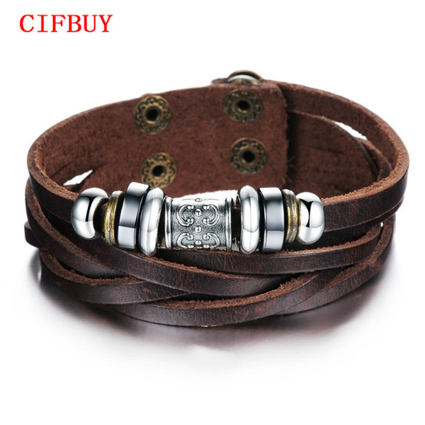 CIFBUY JEWELRY Trendy Brown Leather Bracelet & Bangle Men Fashion Wrap Wristband Pulseira Masculina Couro free shipping, 826