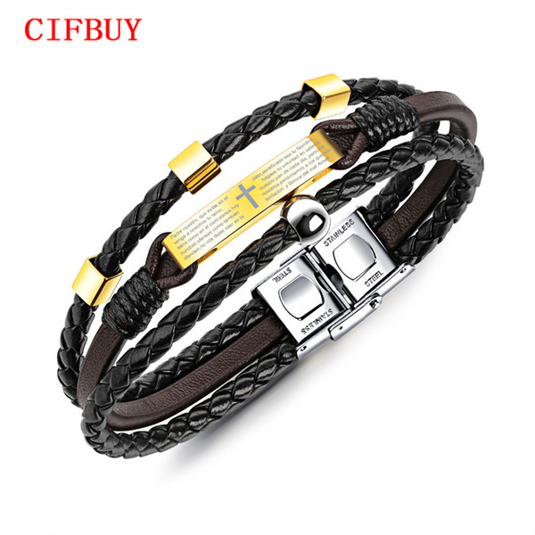 CIFBUY Multilayer Cross & Bible Bracelet For Men Brown Leather Gold Color Handmade Braided Rope Male Jewelry Gift PH1220