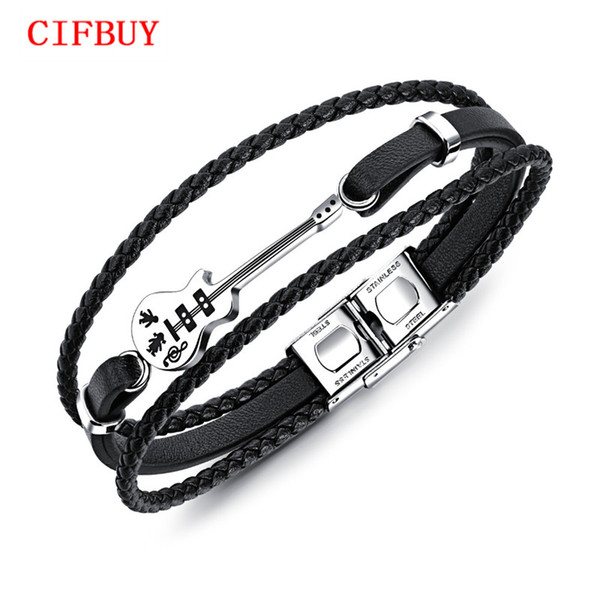 CIFBUY Classic Guitar Bass Bracelet For Men Multilayer Leather Stainless Steel Handmade Braided Rope Male Jewelry Gift PH1224