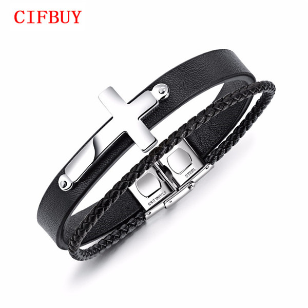 Trendy Leather Bracelets Men Bangles Black/Golden/Steel Color Stainless steel Cross Black PU Chain Men Jewelry Gifts PH1232