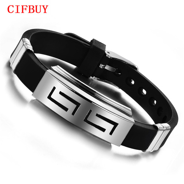 CIFBUY New Fashion Jewelry Silicone Rubber Silver Slippy Hollow Strip Grain Stainless Steel Men Bracelet Bangle 806