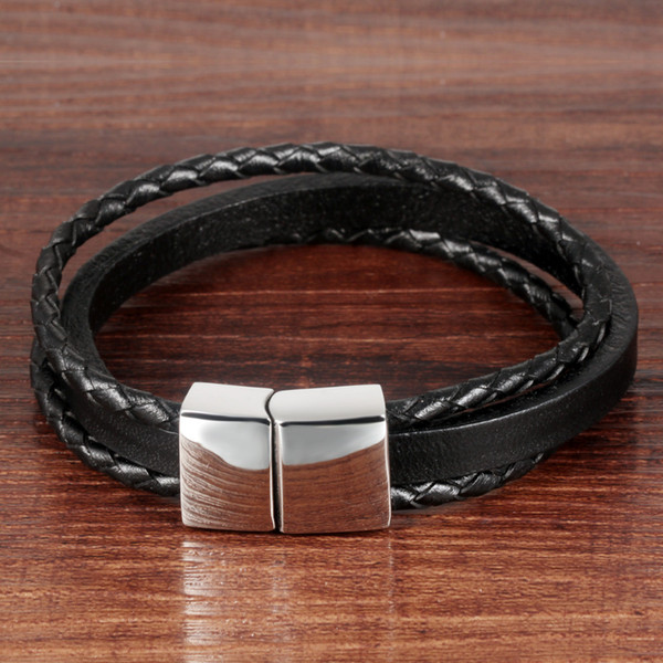 CIFBUY Three-Layers Handmade Man Wrap Bracelets Punk Style Stainless Steel Clasp Cool Men Jewelry 21cm Long PH1054