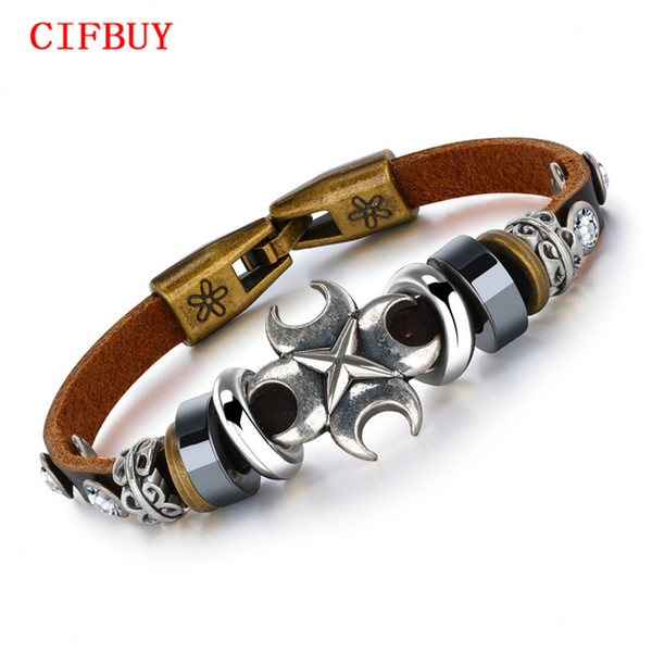 CIFBUY Crescent Moon Bracelets For Men Vintage Beads PU Brown Leather Length Adjustable Male Wrap Wristband Jewelry PH1191