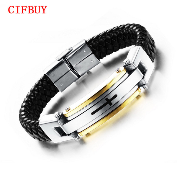 CIFBUY Vintage Leather Wrap Bracelet For Man Fashion Handmade Knitted Bangle Black/Gold Color Full Steel Cross Men Jewelry PH916