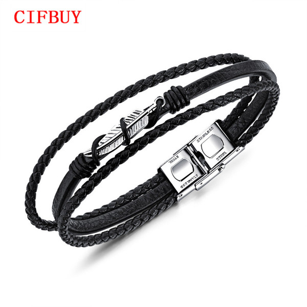 CIFBUY Multilayer Brown Leather Bracelet For Men Leaf Design Stainless Steel Handmade Braided Rope Male Jewelry Gift PH1223