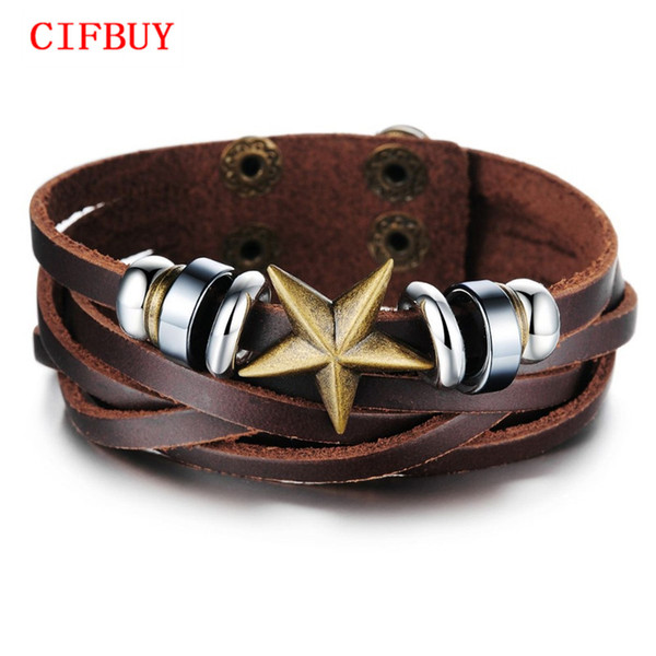 CIFBUY JEWELRY Casual Brown Leather Men Bracelet & Bangle Fashion Wrap Wristband Pulseira Masculina Couro Star Design HOT